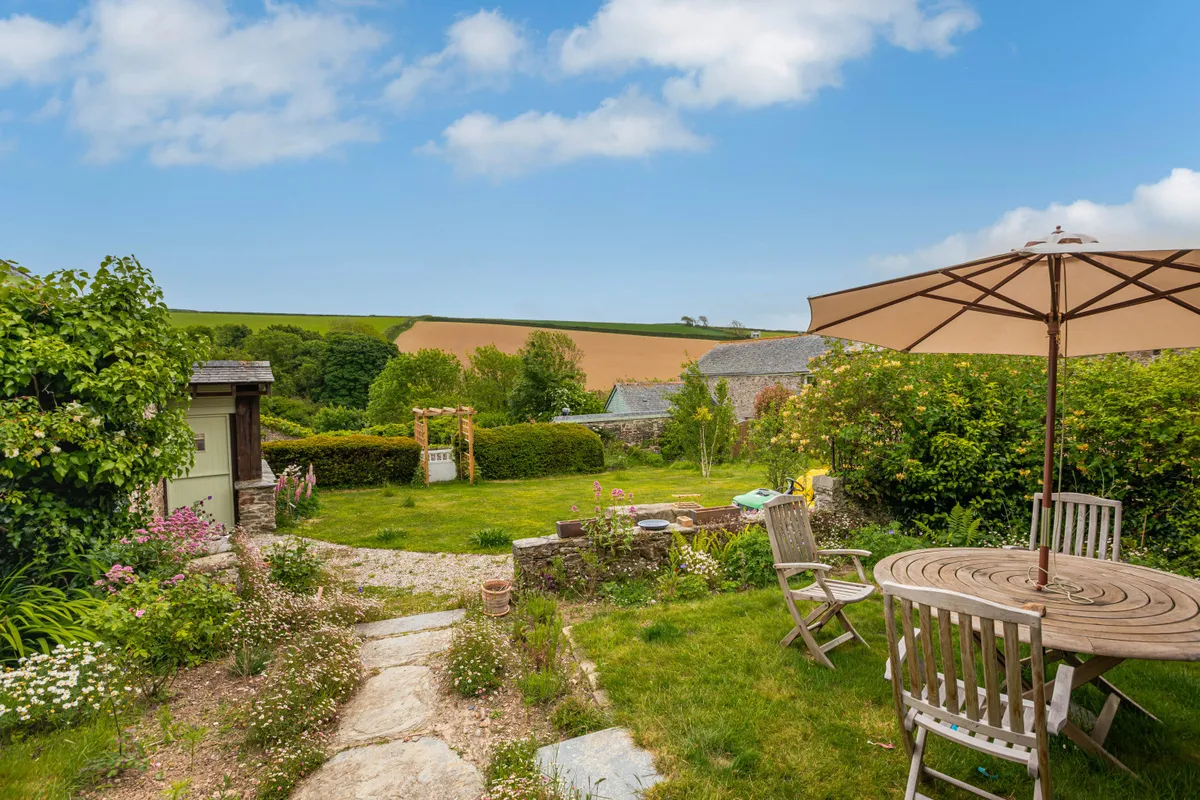 Looking from the front of the house across the lawn and over to the fields beyond.